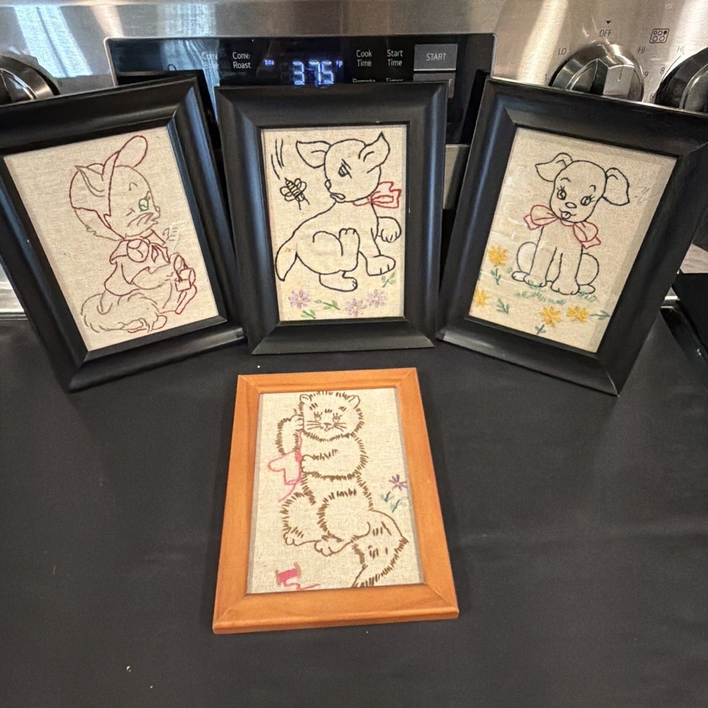 Set‎ Of 4 Vtg Framed Handmade Embroidered Animal Pics Cat Dog Nursery 9" X 7"